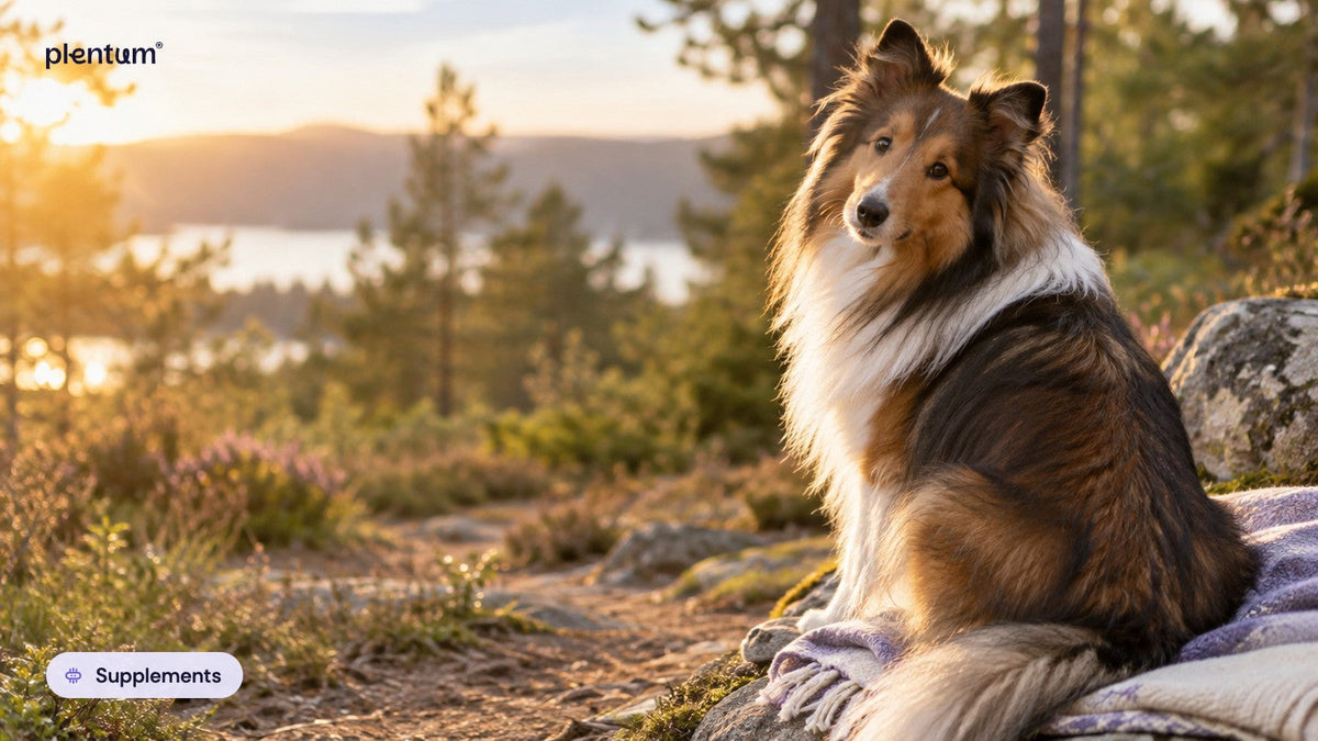 Shetland sheepdog seated on a woodland rock at golden hour, looking back over its shoulder toward the camera