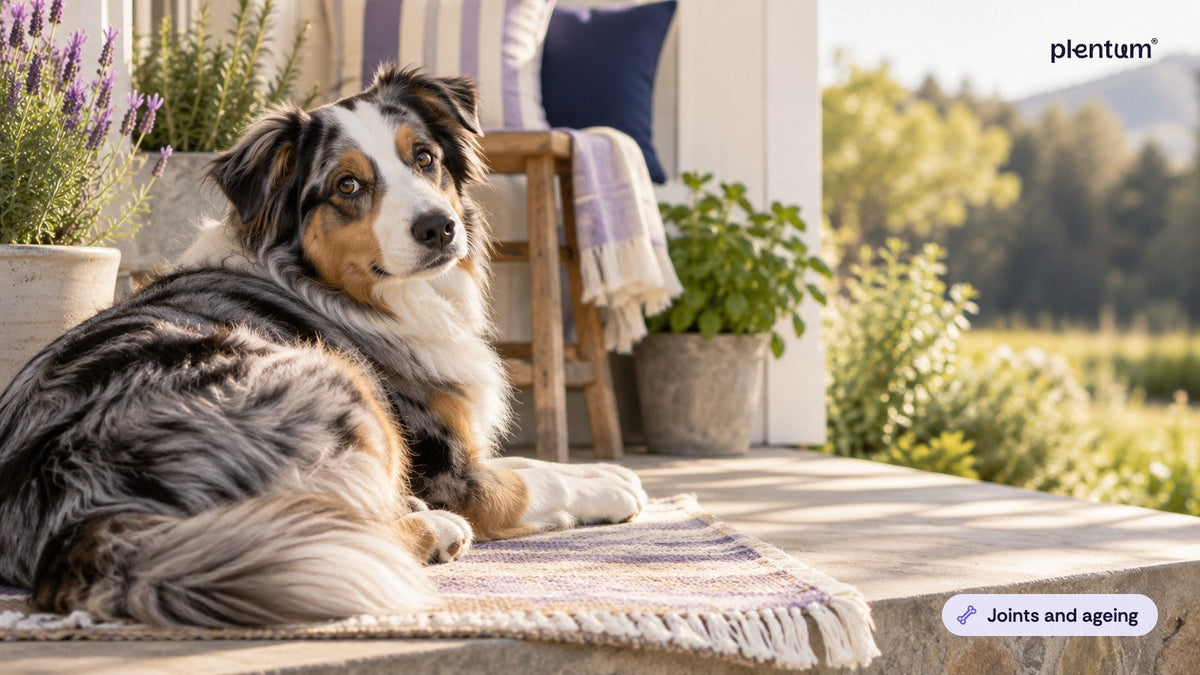 Australian shepherd lying on a striped mat on a sunny porch step beside lavender and herb pots