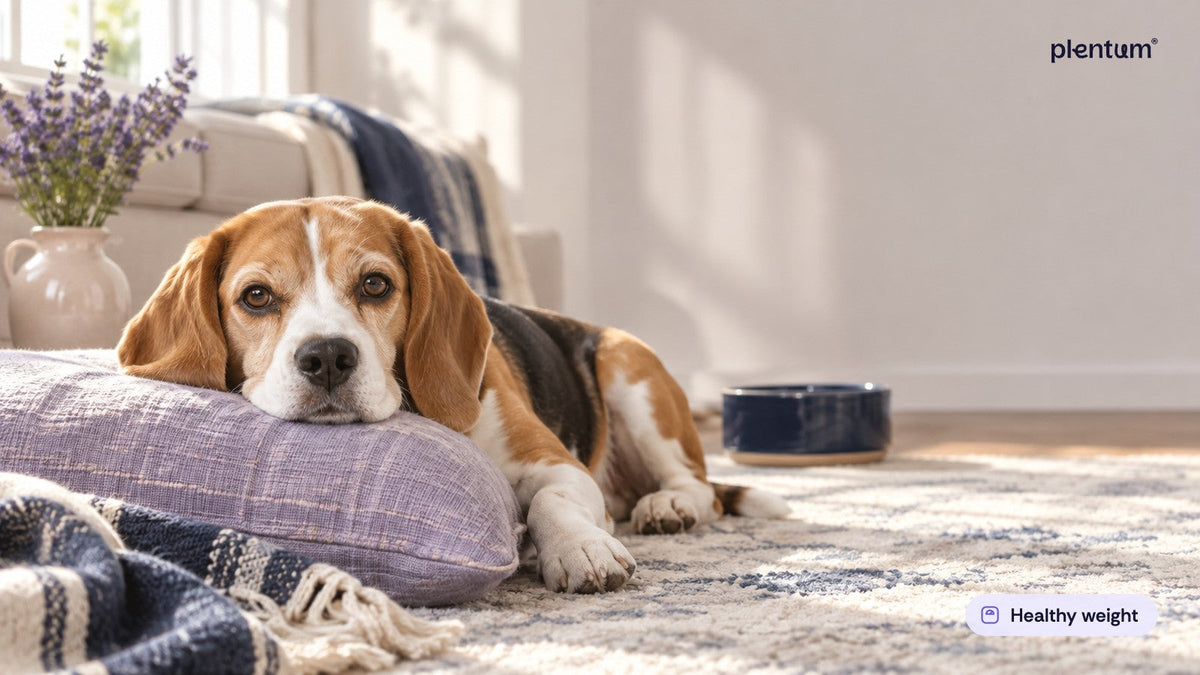 Beagle resting its chin on a lavender cushion in a sunlit living room, with an empty water bowl on the rug