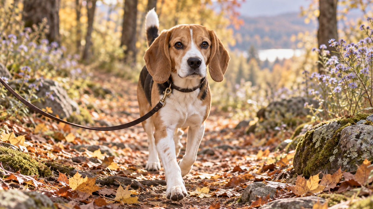 A lean tricolor beagle walks on a loose leash along a sunlit woodland trail in fall.