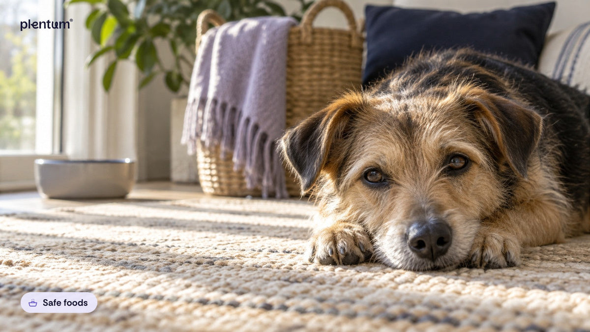 Terrier mix lying on a sunlit rug with its head on its paws, with an empty water bowl by the window