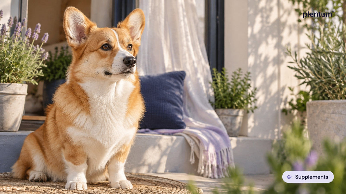 Pembroke corgi sitting upright on a woven rug beside lavender pots and a navy cushion on a sunny porch