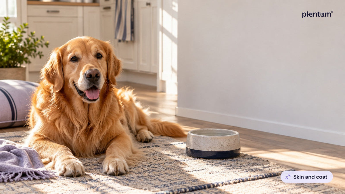 Healthy golden retriever resting on a sunlit rug beside a ceramic water bowl in a bright kitchen