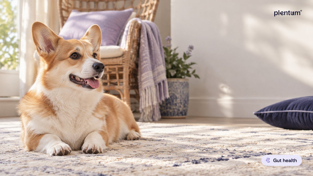 Pembroke corgi lying on a sunlit living-room rug, panting happily beside a lavender cushion and rattan chair
