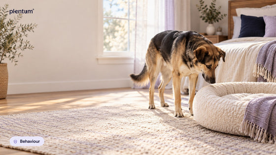 Shepherd mix circling on a cream dog bed by a bedroom window before lying down