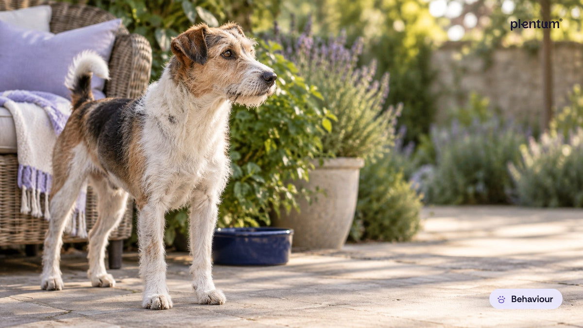 Mixed-breed terrier standing in profile on a sunny patio beside lavender planters and a water bowl