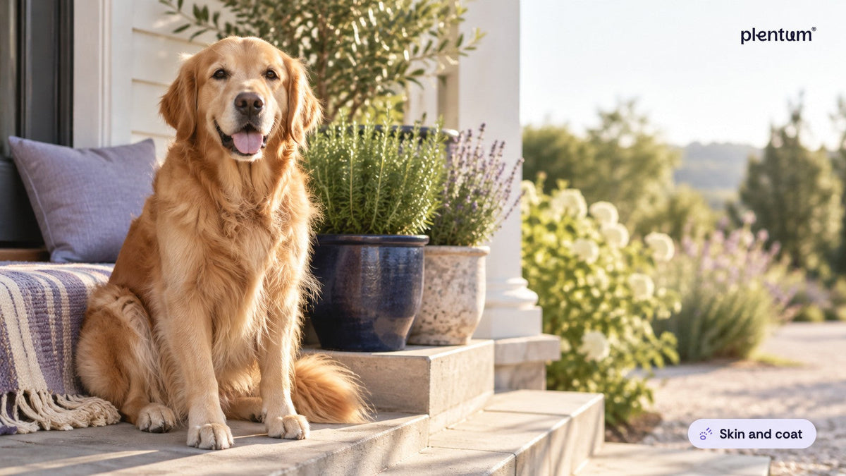Golden retriever sitting calmly on a sunny porch step beside potted herbs and lavender