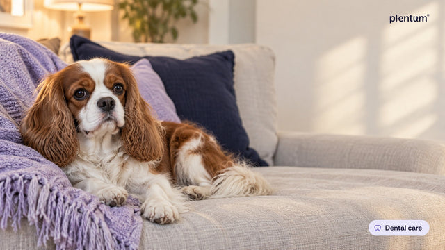 Cavalier King Charles spaniel resting on a sofa beside a lavender throw in warm lamp light