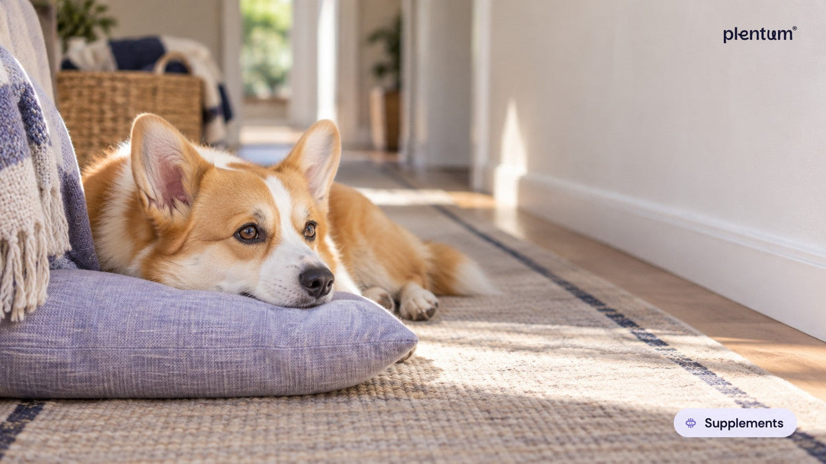 Pembroke corgi resting its chin on a lavender cushion on a striped rug in a sunlit hallway, calm