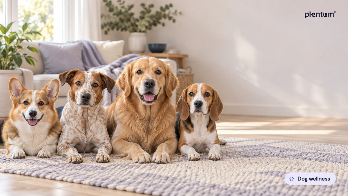 Four dogs of different breeds resting together on a cream rug in a sunlit living room
