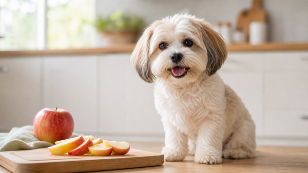 Small dog beside seedless apple slices on a kitchen cutting board