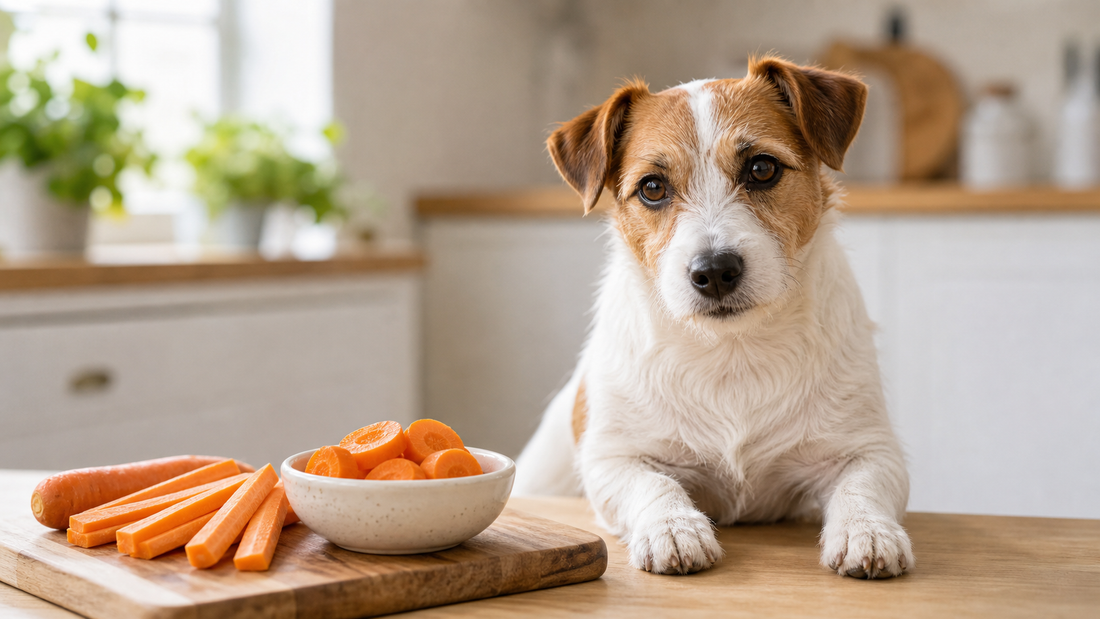 Small dog beside raw carrot sticks and cooked carrot rounds