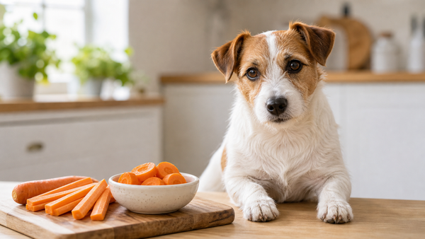 Small dog beside raw carrot sticks and cooked carrot rounds