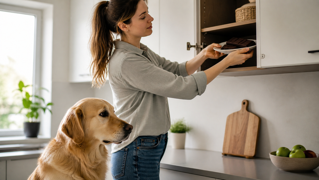 Dog safely separated from chocolate being stored away in a kitchen