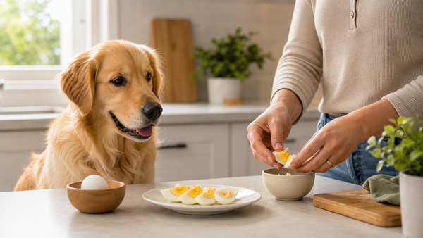 Dog beside cooked egg portions being prepared safely in a bright kitchen