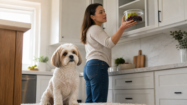 Dog safely separated from grapes and raisins stored away in a kitchen
