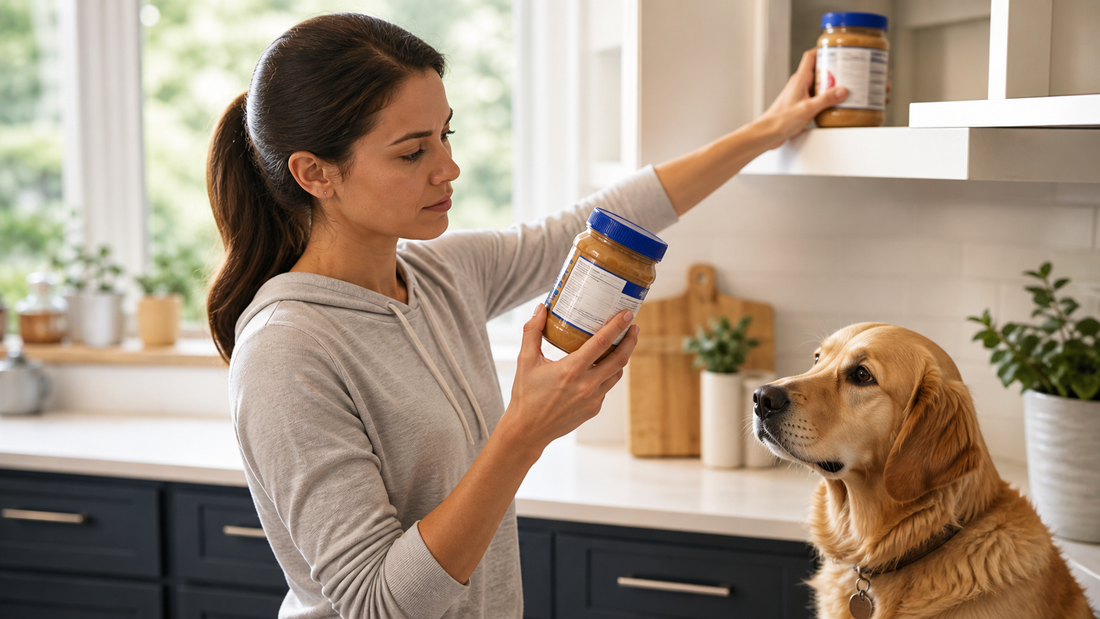 Dog owner checking a peanut butter label for dog safety while the dog waits nearby
