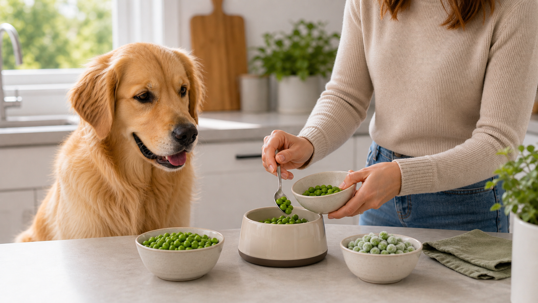 Dog beside fresh and frozen peas being portioned safely in a bright kitchen