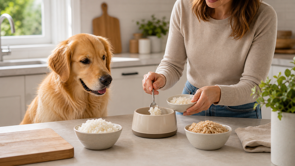 Dog beside white and brown rice portions being prepared safely in a bright kitchen