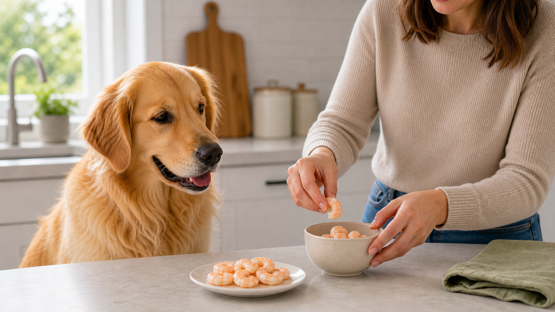 Dog beside plain cooked peeled shrimp being portioned safely in a bright kitchen