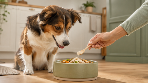 Dog eating a meal while a powder supplement is added to food, representing supplement timing with meals