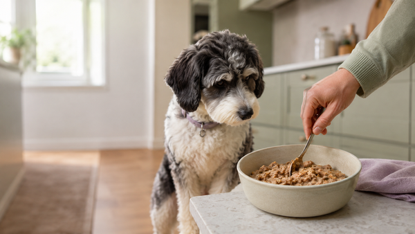 Dog eating a meal while a powder supplement is added to food, representing supplement timing with meals