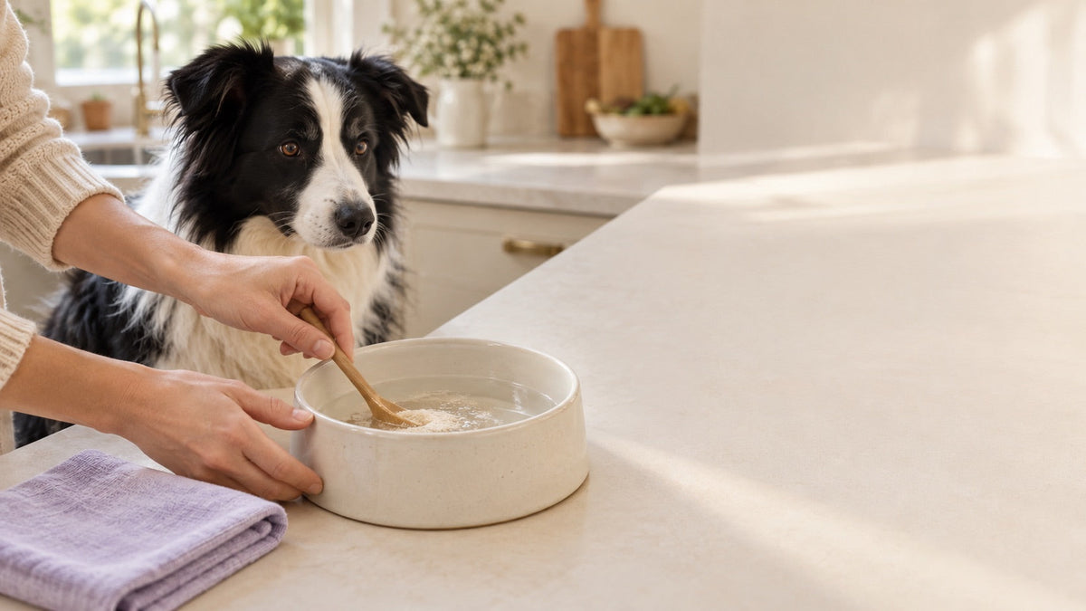 Border collie waiting while powder is mixed into a bowl