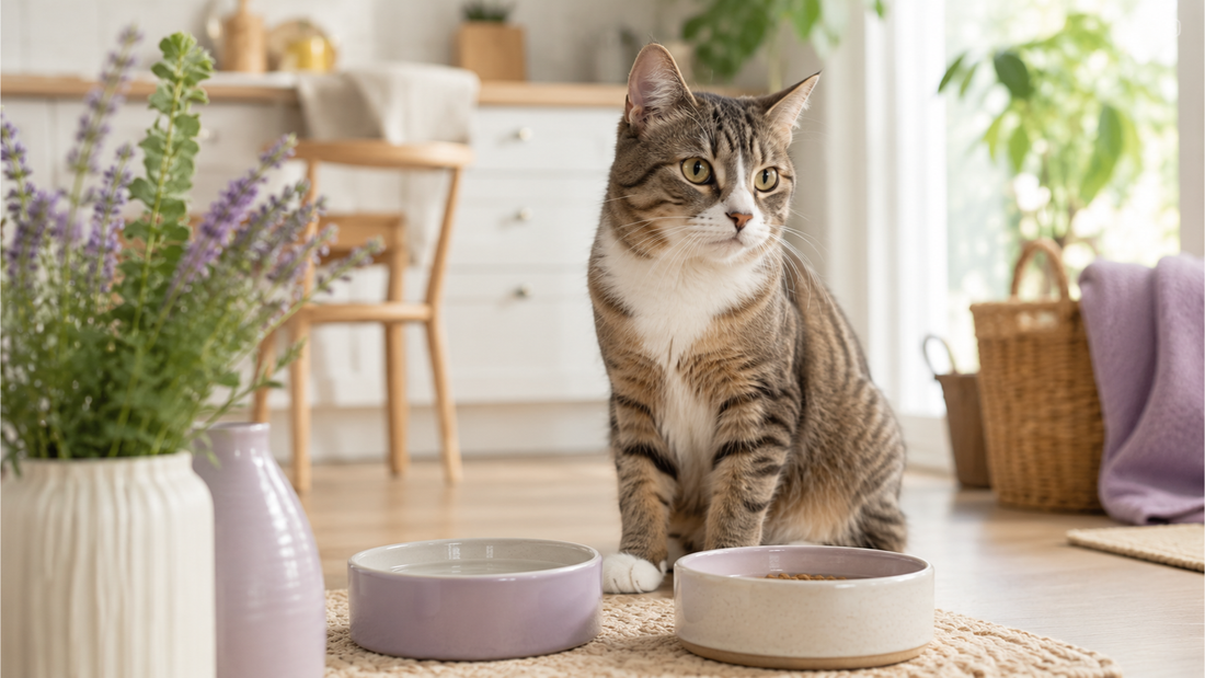 Cat Gut Health: What It Is and Why It Matters editorial featured image with an indoor cat and clean feeding setup