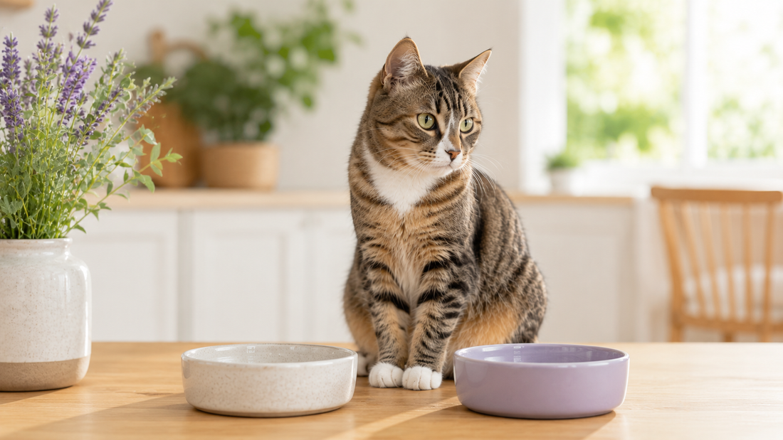 Cat Probiotics vs Postbiotics: What's the Difference and What Cats Need editorial featured image with an indoor cat and clean feeding setup