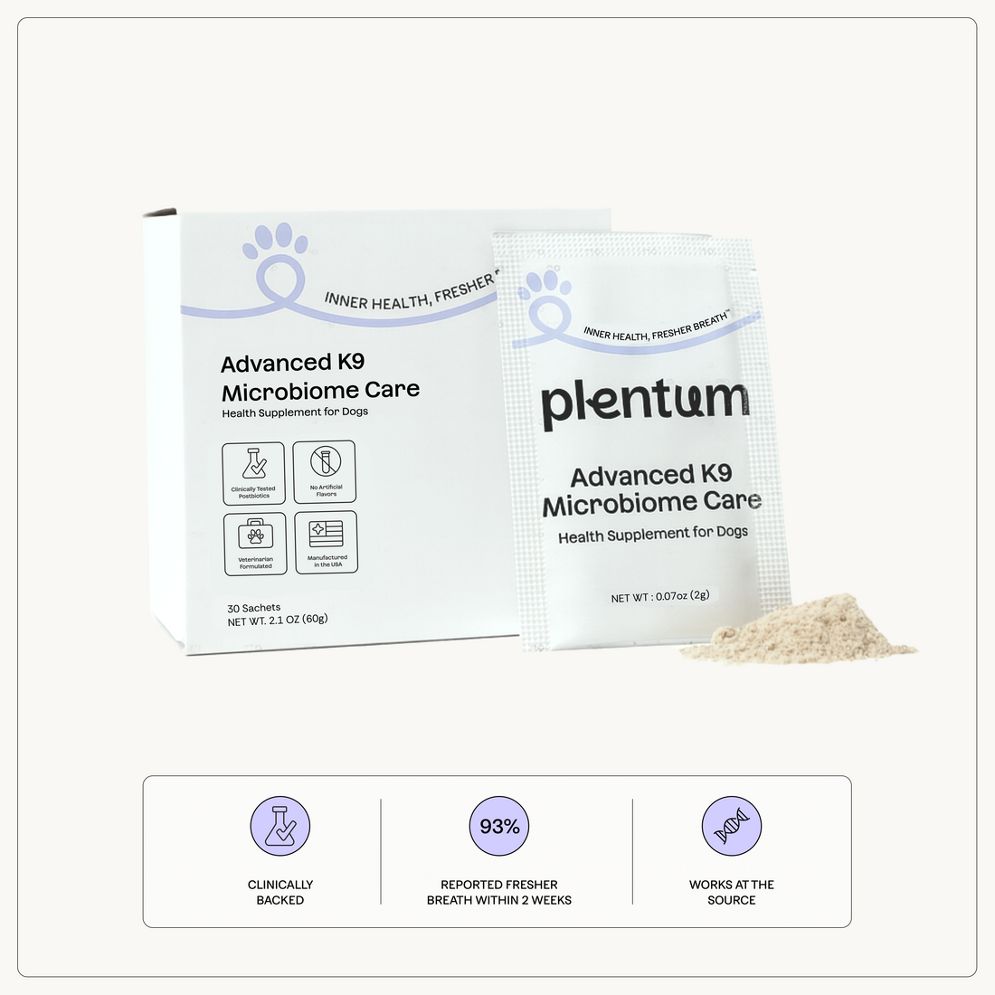 Plentum daily gut-support powder for dogs — supporting healthy gut recovery after a course of antibiotics. Plentum.