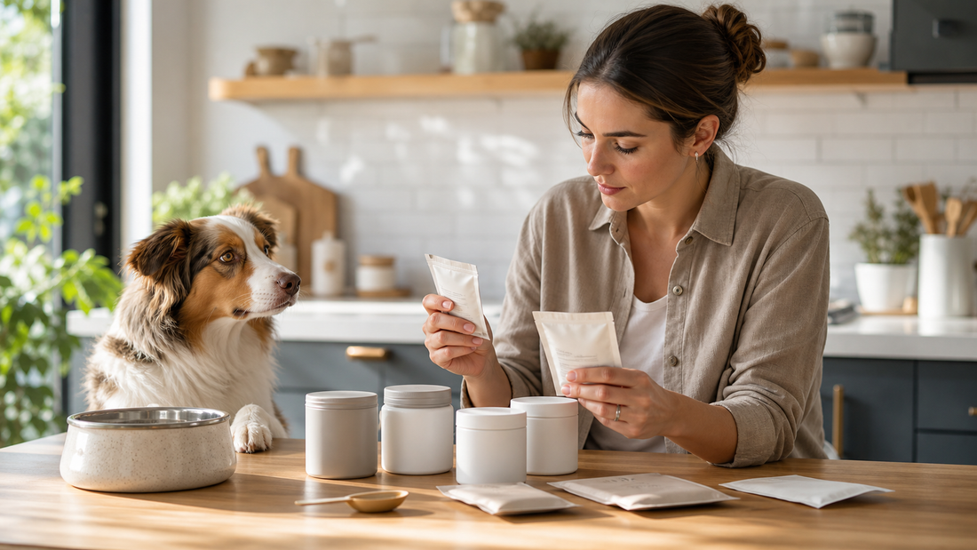 Dog owner comparing dog supplement labels beside a calm dog in a bright kitchen