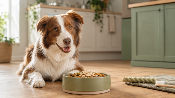 Dog beside a meal bowl with dental care cues, representing oral postbiotic support for teeth cleaning