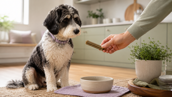 Dog beside a meal bowl with dental care cues, representing oral postbiotic support for teeth cleaning