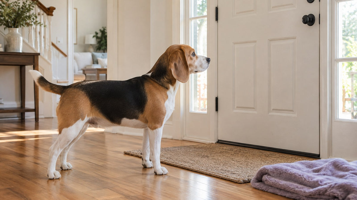 A beagle stands on a hardwood floor in a bright entryway looking at a closed white front door, with a lavender dog blanket on the floor beside it.