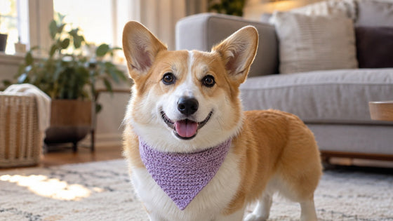 A corgi wears a plain knitted lavender bandana and stands facing the camera on a cream rug in a warm living room.