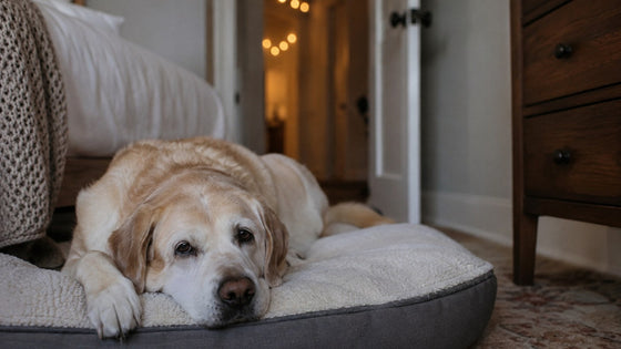 A senior yellow Labrador rests on a dog bed in a quiet bedroom with the door left open and warm lights glowing down the hallway.