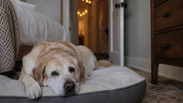 A senior yellow Labrador rests on a dog bed in a quiet bedroom with the door left open and warm lights glowing down the hallway.