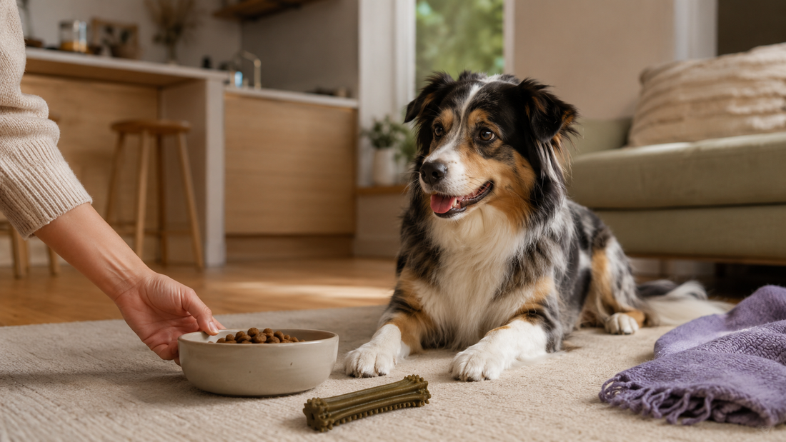 Dog with a meal bowl and oral-care cues, representing the gut-mouth connection behind dog bad breath