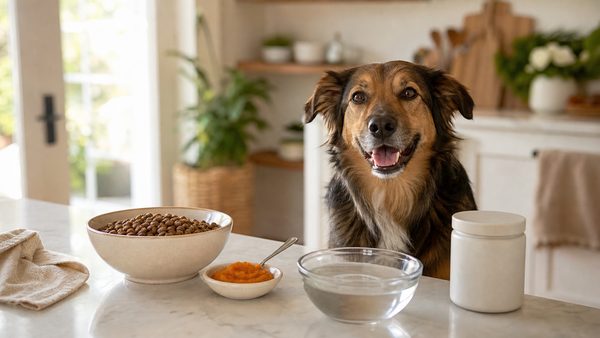 Dog with gut-friendly food, water, and supplement routine for daily gut support
