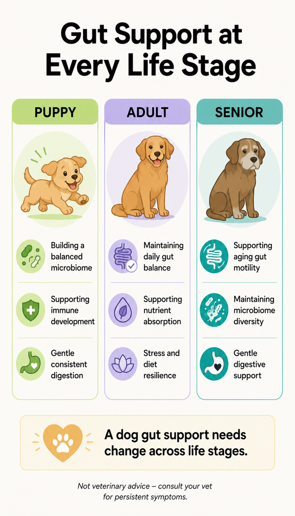Gut support needs by life stage infographic: puppy, adult, and senior dog gut health comparison