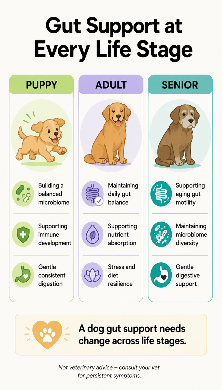 Gut support needs by life stage infographic: puppy, adult, and senior dog gut health comparison