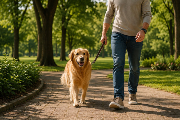 Dog on a gentle park walk with its owner