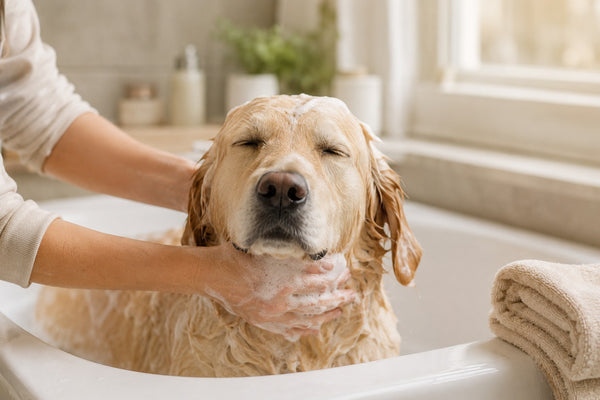 Calm dog being gently bathed
