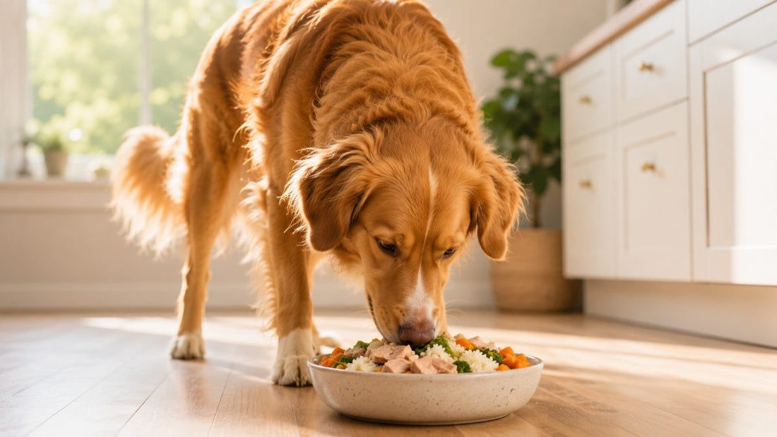 Natural probiotic foods for dogs arranged on a kitchen counter
