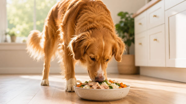 Natural probiotic foods for dogs arranged on a kitchen counter