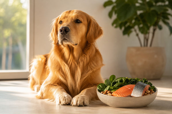 Groomed dog beside omega-rich foods