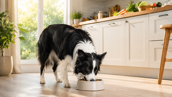 A border collie eating from a bowl in a bright kitchen as part of a daily dog gut health routine