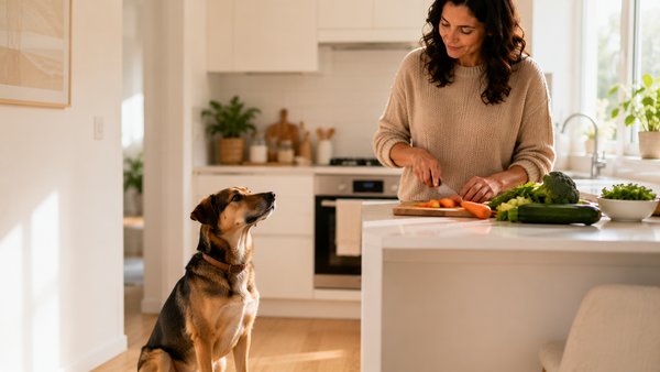A dog owner preparing fresh food with a dog nearby, illustrating everyday gut support for dogs