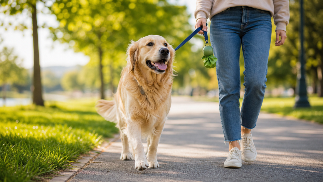 Dog on a healthy outdoor walk with an owner carrying cleanup bags, representing practical stool color and digestion monitoring