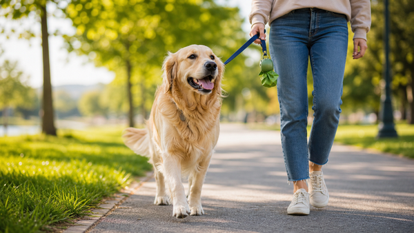Dog on a healthy outdoor walk with an owner carrying cleanup bags, representing practical stool color and digestion monitoring